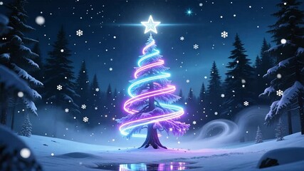Spiral neon tree glowing above snow with bright star and dark pine forest, winter christmas, new year - Powered by Adobe
