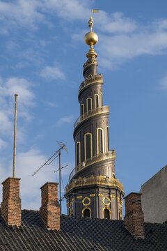 Corkscrew-shaped tower of the Evangelical Lutheran Church of the Saviour, in front of Frelsers Kirke, Christianshavn, Copenhagen, Denmark