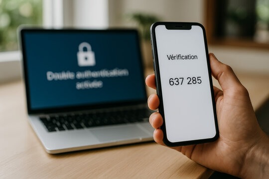 Two-factor authentication displayed on smartphone and laptop screen