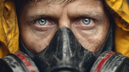 Close-up of a determined person wearing a protective mask, eyes reflecting intensity. Focus on safety and preparedness in a hazardous environment.