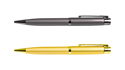 Elegant Metal Pens: Silver and Gold Writing Instruments on a Transparent Background