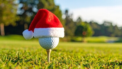 A golf ball resting on a tee, topped with a miniature Santa hat, set on lush green grass on a sunny golf course, symbolizing Christmas sports and holiday golf. (178 characters)