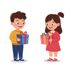 Children exchanging gifts during a joyful birthday celebration with colorful presents in their hands 