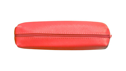A bright red leather pencil case with a zippern on transparent background