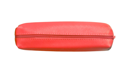 A bright red leather pencil case with a zippern on transparent background