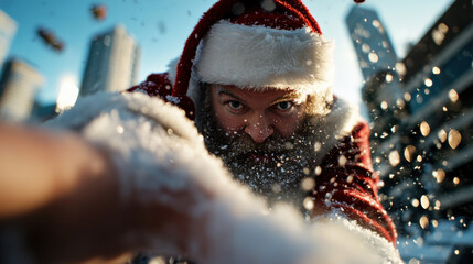 Santa playfully engages with a snowy scene, capturing the magic and excitement of winter, symbolizing joy and the festive spirit in a vibrant outdoor setting.