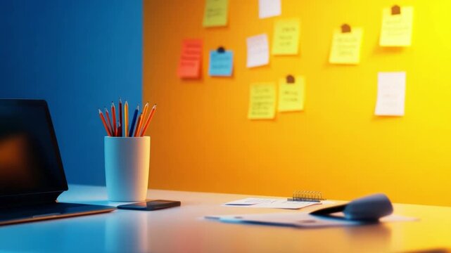 Workspace of Creativity: A modern workspace with an open laptop, stationery and memos in a contemporary, brightly lit office environment, showcasing inspiration and planning.