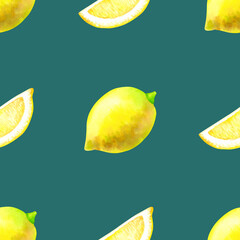 Hand drawn watercolor seamless pattern of lemon and lemon slice isolated on a green background.