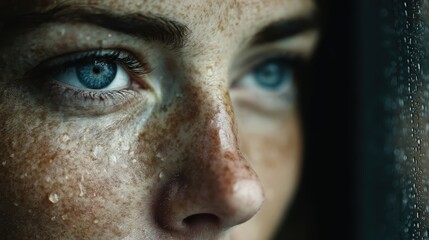 Close-up on a person's face with freckles and water droplets, gazing with bright blue eyes towards a rain-streaked window, evoking emotion.