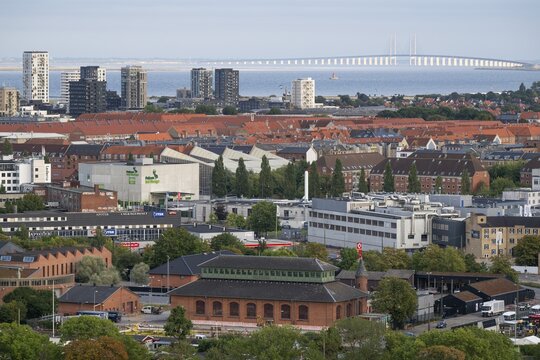 View from the Vor Frelsers Kirke to the island of Amager, the &Oslash;resund Bridge or &Oslash;resundsbron and Malm&ouml;, Copenhagen, Denmark