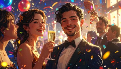 A stylish, happy couple celebrating at a vibrant New Year's Eve party, holding champagne flutes under a shower of bright confetti, captured in a cinematic close-up. (179 characters)
