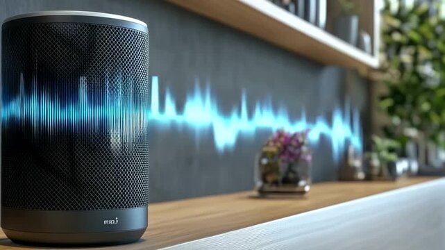 Smart speaker with glowing sound wave visualization on a shelf in a modern home interior