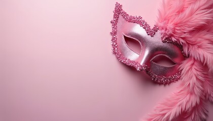 Elegant pink feathered mask sits on monochrome pink surface. Ornate face cover sparks mystery, glamour for festive celebrations like carnivals masquerades. Ideal for event invitations party decor.