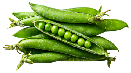 Fresh green pea pods stacked together, including one open pod showing peas inside.