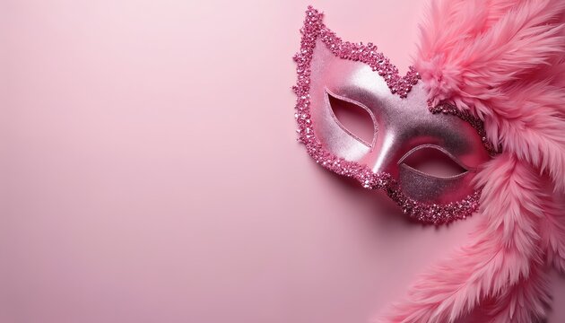 Elegant pink feathered mask sits on monochrome pink surface. Ornate face cover sparks mystery, glamour for festive celebrations like carnivals masquerades. Ideal for event invitations party decor.