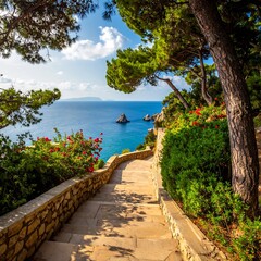 Scenic coastal pathway with vibrant flora