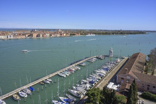 View from the tower of the San Giorgio Maggiore church down to the marina, Venice, Metropolitan City of Venice, Italy