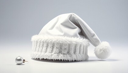 A cozy, white knitted Santa hat with fluffy trim resting on fresh snow, with soft bokeh Christmas lights and snowy trees in the blurred background under a dark sky. (189 characters)