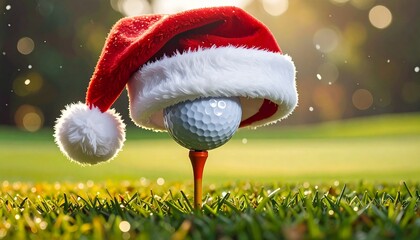 A golf ball resting on a tee, topped with a miniature Santa hat, set on lush green grass on a sunny golf course, symbolizing Christmas sports and holiday golf. (178 characters)