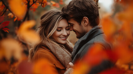 a couple hugging in a park with orange and red leaves around them, romantic autumn vibe