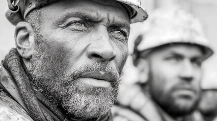 Intense monochrome portrait of a determined worker, possibly an engineer, with a hard hat and weathered face, showing dedication.