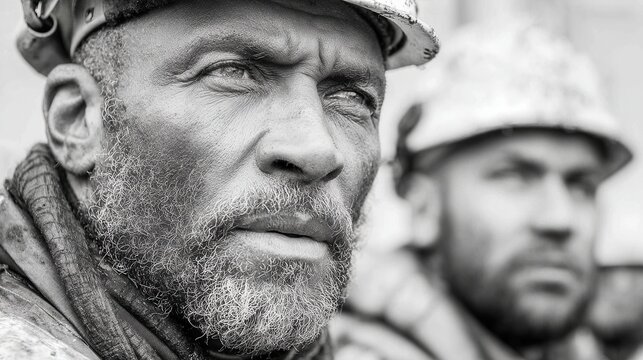 Intense monochrome portrait of a determined worker, possibly an engineer, with a hard hat and weathered face, showing dedication.
