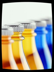 A close-up view of a row of glass bottles with metallic caps, featuring yellow and blue colors, set against a white background.