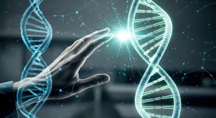 Human hand interacting with glowing digital DNA helix, representing genetic research and biotechnology.
