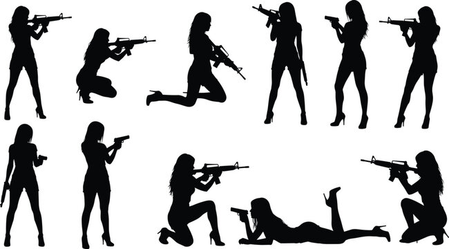Set of black silhouettes, collection of woman spy or agent, holding guns, assault rifle, and pistol, sexy action poses in high heels, isolated vector illustration.