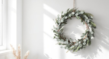 Eucalyptus wreath hanging creates a calming and inviting atmosphere, perfect for home decor inspiration, seasonal celebrations, and minimalist design aesthetics