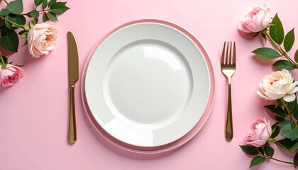 Elegant table setting with pink and white plates, silverware, roses, and scattered petals—evoking romance, celebration, and the floral choreography of dining, detail, and decor.