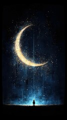 A solitary child stands in silhouette, gazing upwards at a luminous crescent moon surrounded by a shower of golden stars against a deep blue night sky.