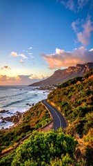 Scenic coastal road at sunset