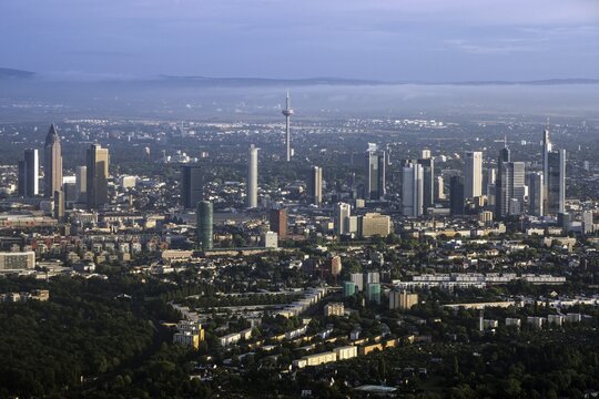 View of the skyline of Frankfurt, Hesse, Germany from the aeroplane