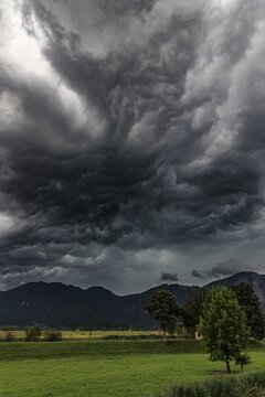 Dark storm clouds during a thunderstorm, storm, summer, mountain landscape, Loisach-Lake Kochel-Moore, Bavaria, Germany