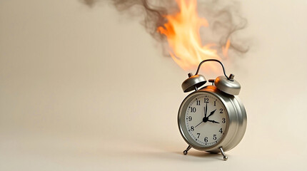 Burning alarm clock with fire and smoke, symbolizing time running out and deadline.