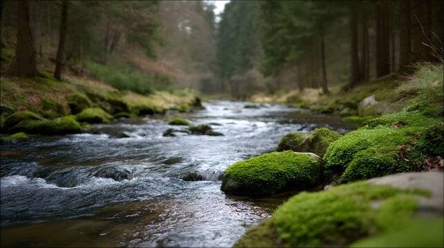 Tranquil forest stream flowing over mossy rocks amidst lush trees and soft natural light