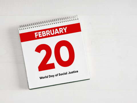 Calendar showing february 20, world day of social justice, on white background - Powered by Adobe