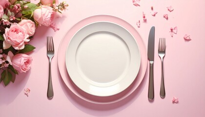 Elegant table setting with pink and white plates, silverware, roses, and scattered petals—evoking romance, celebration, and the floral choreography of dining, detail, and decor.