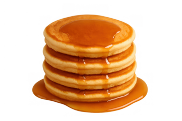 Stacking golden pancakes pouring with sweet maple syrup, a delicious breakfast or dessert on transparent background