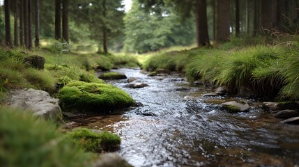 Obraz premium A serene forest stream flows gently over moss covered rocks surrounded by lush green vegetation