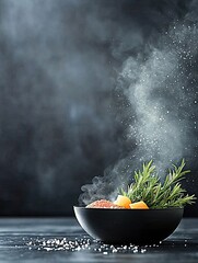 A black bowl filled with food, herbs, and spices, emitting steam and illuminated by a dramatic light.