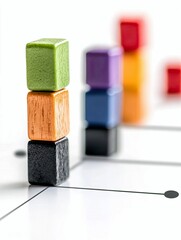 Colorful wooden blocks stacked in ascending order on a white surface with lines, symbolizing progress and data.