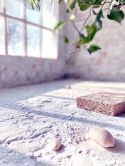 A cork block and two seashells rest on a sandy surface in a sunlit room with a large window and a hanging green plant.