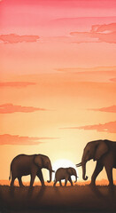Fototapeta premium Elephant family walking at sunset, warm watercolor gradients, orange–pink sky, soft silhouettes with gentle texture.