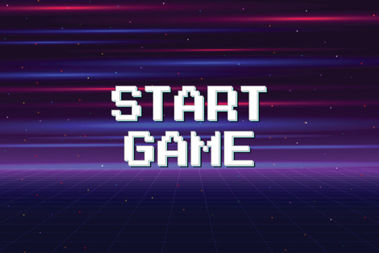 START GAME. Retro Futurism Sci-Fi Background. glowing neon grid and star from vintage arcade computer games