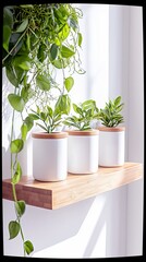 A minimalist arrangement of three white ceramic planters with wooden lids, each holding a small green plant, are displayed on a light wood shelf.