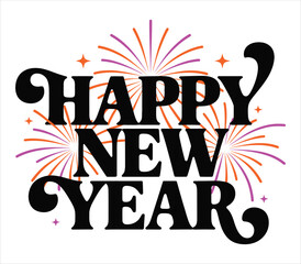 Happy new year text with colorful fireworks design for celebration and holiday greeting on white background