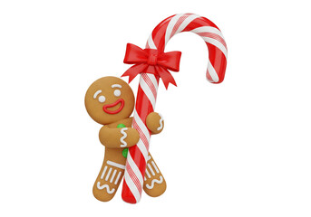 Naklejka premium Jolly Gingerbread Man Hugging a Festive Striped Candy Cane - Sweet Christmas Treat 3D Illustration