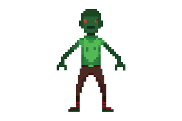 Pixelated green zombie with red eyes stands menacingly on a clean white background